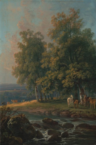 Paarden en vee bij een rivier door George Barret